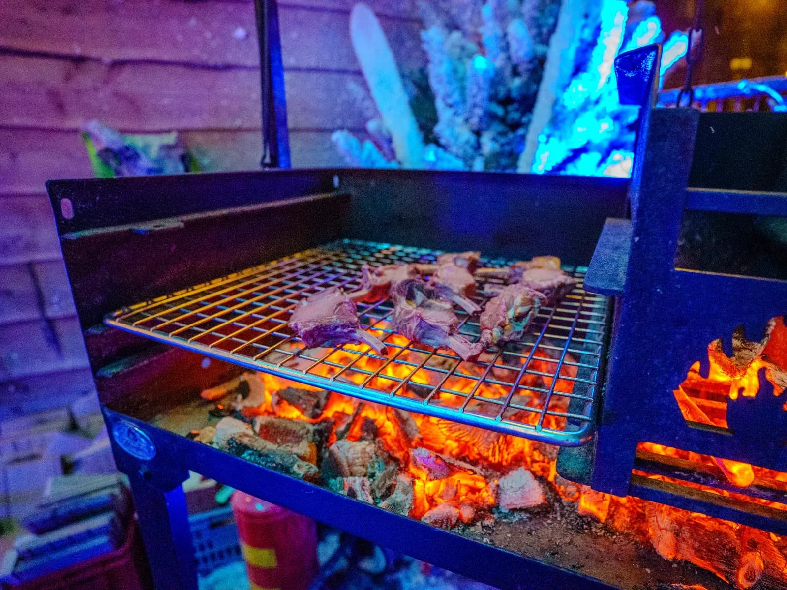 Lamskoteletjes op een grill boven gloeiende kolen